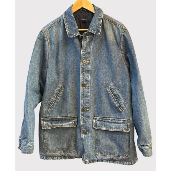 Vintage Lands’ End Men's Denim Chore Jacket Workwear Utility Coat Blue Jean 90s - Picture 1 of 9